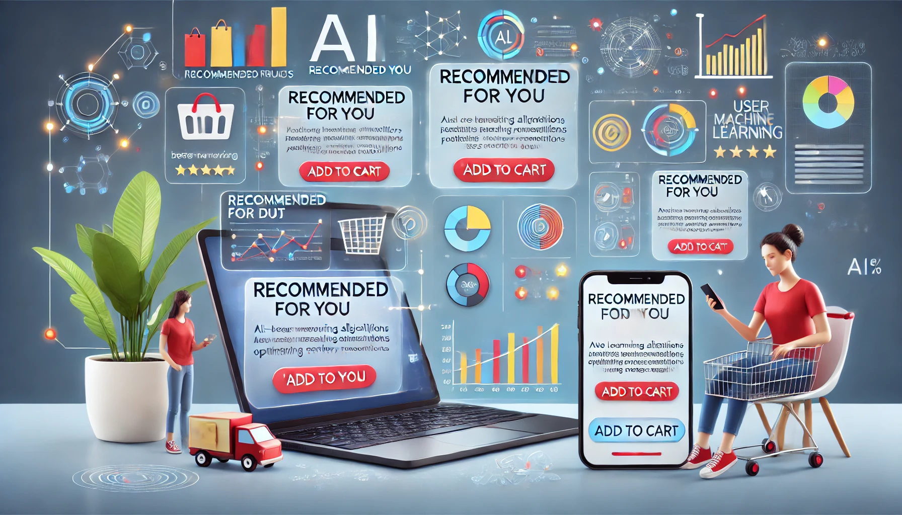 Grafika ukazująca system rekomendacji produktów oparty na AI. Centralnie widoczny laptop i smartfon z przyciskami 'Add to Cart' oraz wykresami. Wokół różnorodne ikony zakupów, wykresy i elementy analizy danych. Na dole miniaturowa ciężarówka z paczką, po lewej roślina, a po prawej kobieta siedząca w wózku na zakupy z telefonem.