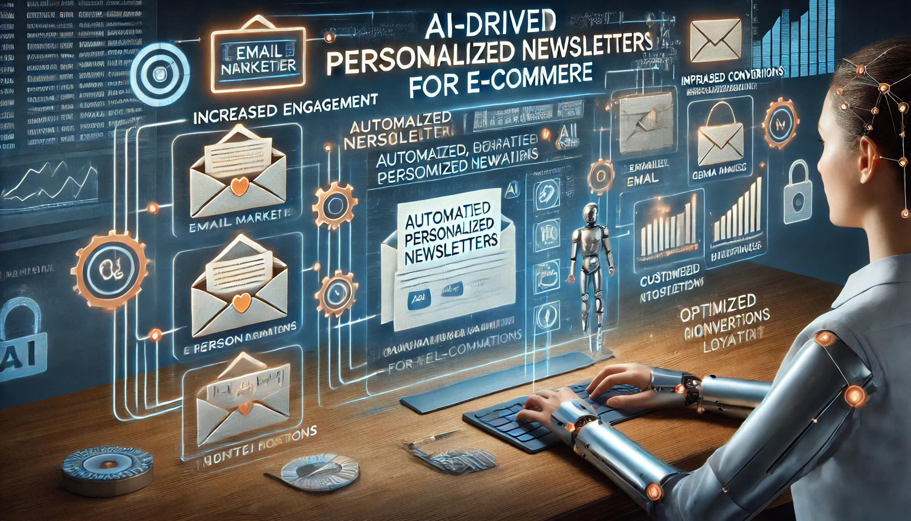 Grafika ilustrująca system AI generujący personalizowane newslettery dla e-commerce. Centralnie widoczne elementy, takie jak koperty z listami i napisem 'Automated Personalized Newsletters'. W tle ikony związane z marketingiem, wykresy i statystyki. Po prawej stronie widoczna osoba z robotycznymi ramionami pracująca przy komputerze oraz mały robot stojący obok.