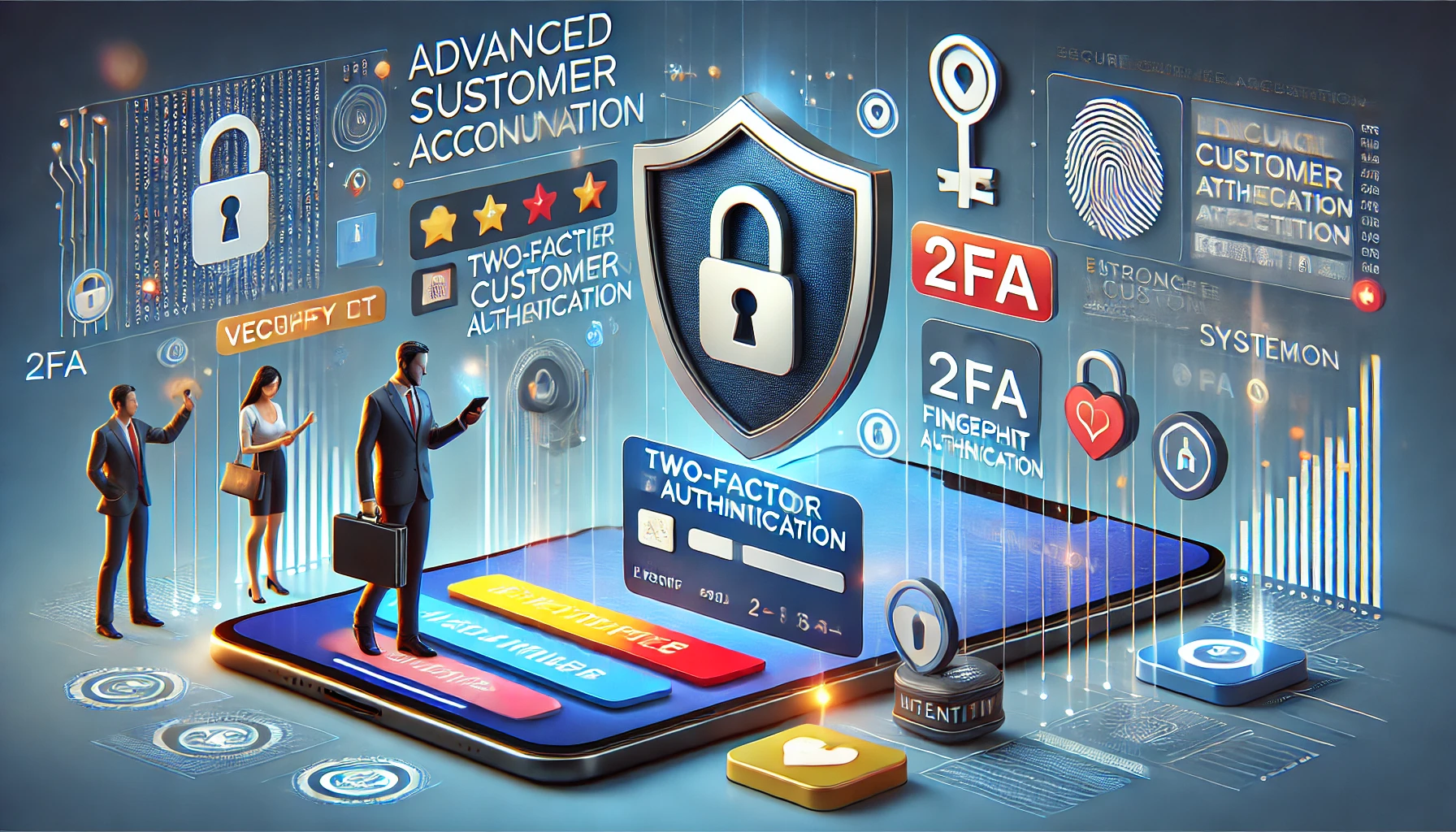 Grafika przedstawiająca zaawansowane systemy bezpieczeństwa dla klientów, takie jak uwierzytelnianie dwuskładnikowe (2FA). Centralnie widoczna tarcza z kłódką, otoczona ikonami odcisków palców, kluczy i innych symboli bezpieczeństwa. Na dole smartfon z ekranem związanym z autoryzacją. Po bokach postacie reprezentujące użytkowników.