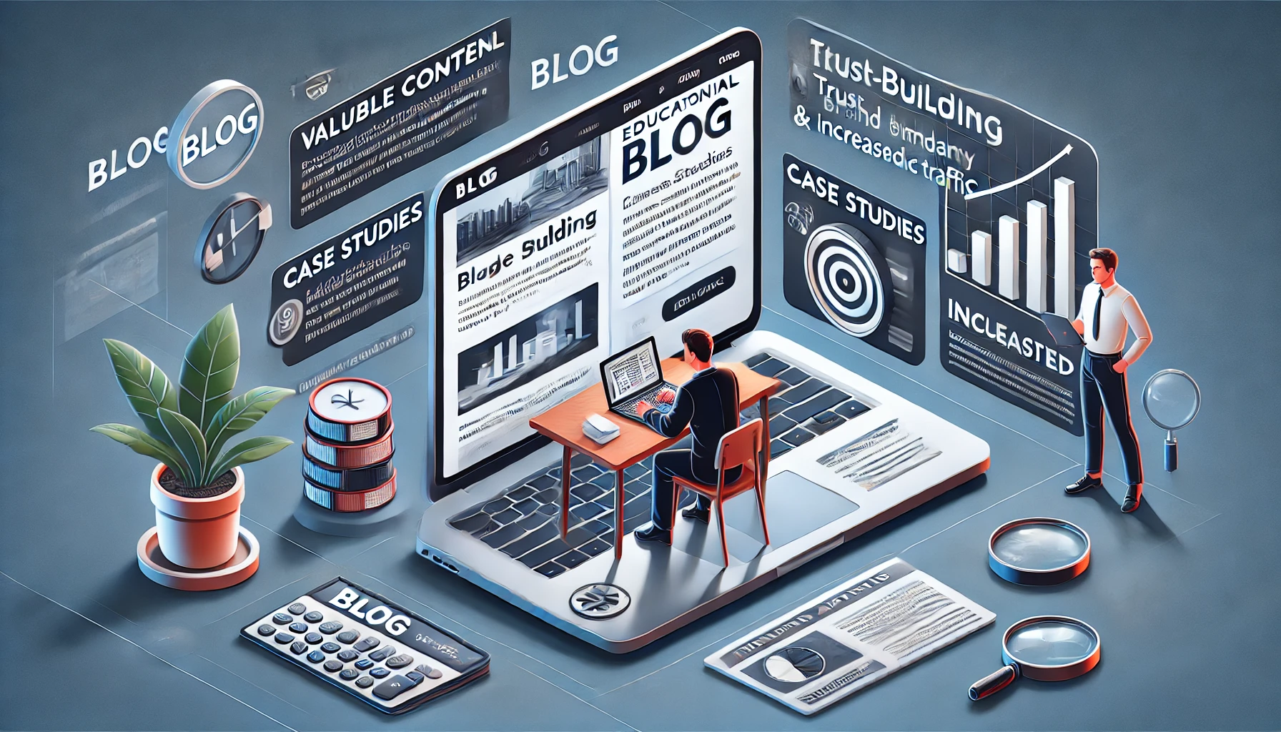Grafika przedstawiająca tematykę blogowania i tworzenia wartościowych treści. Centralnie widoczny laptop z ekranem pokazującym artykuły blogowe, takie jak 'Educational Blog' i 'Case Studies'. Po lewej roślina doniczkowa, a po prawej postać mężczyzny analizującego wykresy. W tle elementy wizualne, takie jak lupy, wykresy i hasła związane z budowaniem zaufania i zwiększaniem ruchu na stronie.