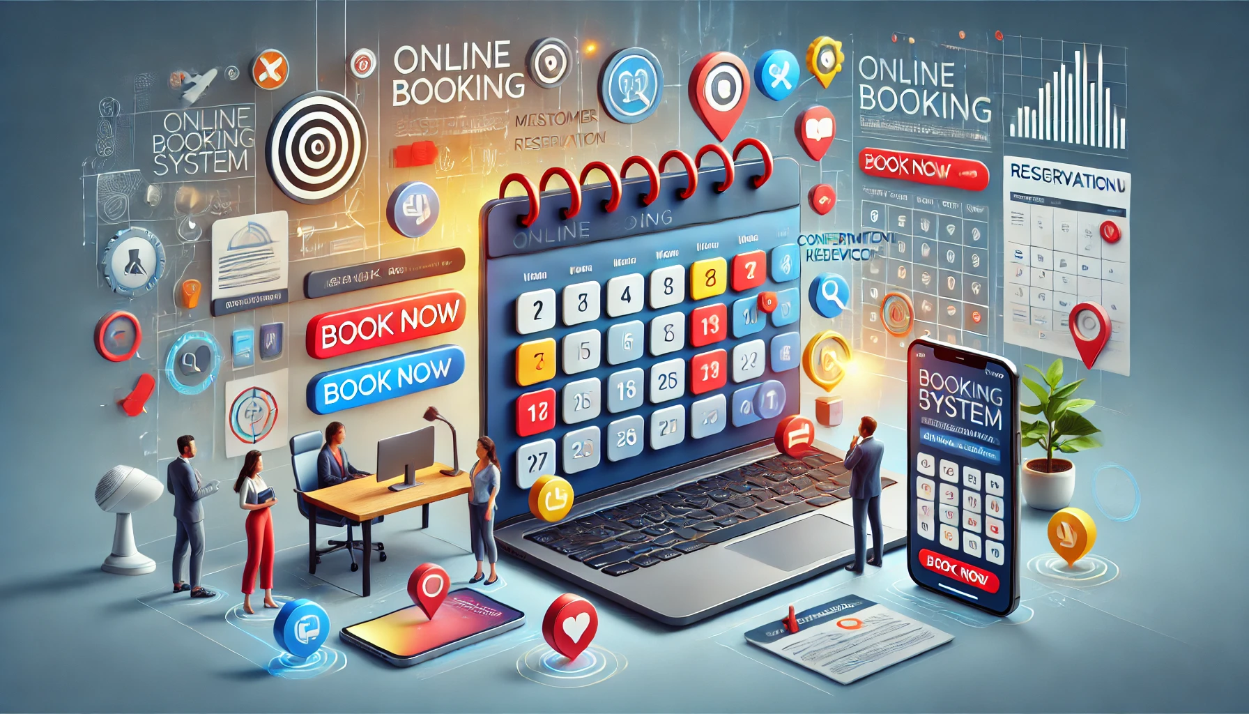 Grafika ilustrująca system rezerwacji online. Centralnie widoczny kalendarz na ekranie laptopa z oznaczonymi datami i przyciskami 'Book Now'. Po bokach ikony lokalizacji, serca, oraz grafiki związane z rezerwacją i systemami bookingowymi. Na dole smartfon wyświetlający system rezerwacji, a po lewej osoby korzystające z komputera.