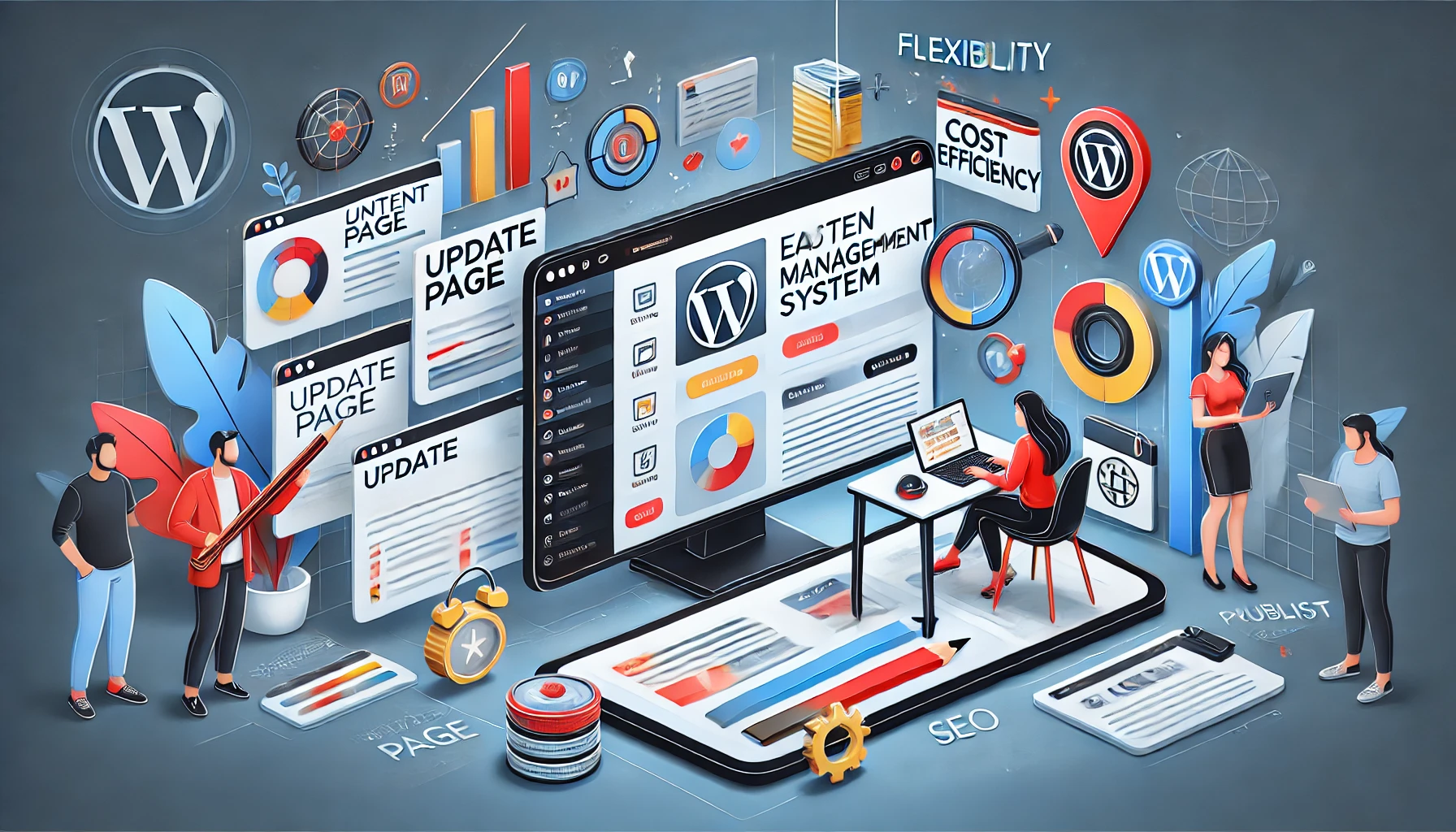 Grafika ilustrująca system zarządzania treścią WordPress. Centralnie widoczny duży ekran z panelem administracyjnym WordPress, obok elementy takie jak strony do aktualizacji treści, wykresy, narzędzia SEO i ikony lokalizacji. Po bokach postacie symbolizujące użytkowników i redaktorów, pracujących nad aktualizacją stron i optymalizacją treści.