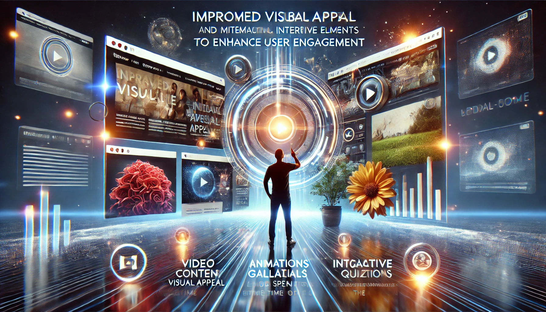 Grafika przedstawiająca ulepszenia wizualne i interaktywne elementy zwiększające zaangażowanie użytkownika. Centralnie widoczna postać stojąca przed futurystycznym interfejsem z odtwarzaczami wideo, wykresami i animacjami. Po bokach ekrany z różnymi treściami wizualnymi, a na dole elementy takie jak kwiat, wykresy i ikony związane z wideo oraz quizami interaktywnymi.