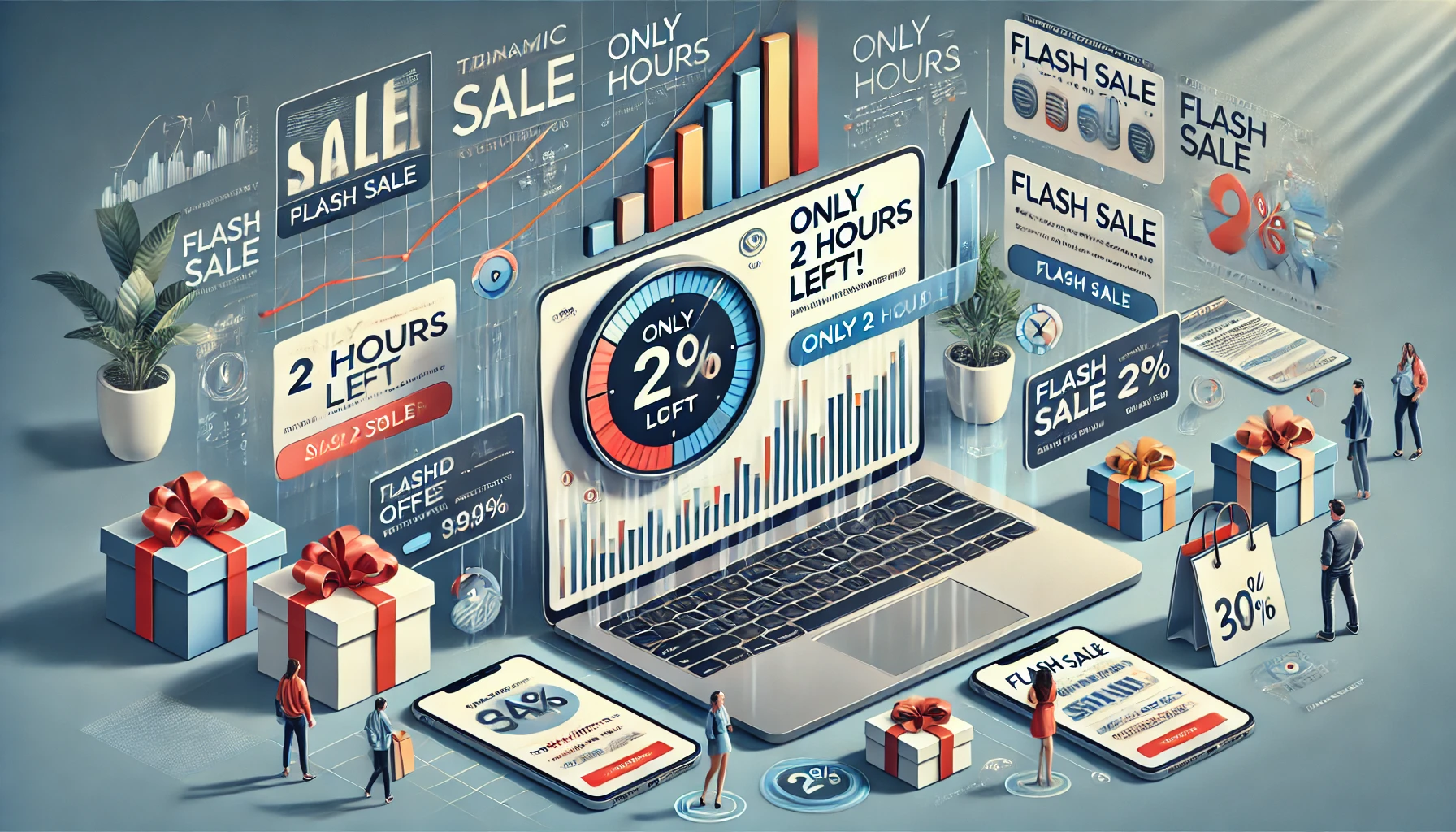 Grafika przedstawiająca scenę promocyjną z napisem 'Flash Sale' i innymi hasłami reklamowymi. Centralnym elementem jest laptop z wykresem i zegarem odliczającym czas promocji, otoczony pudełkami z prezentami i postaciami symbolizującymi klientów. Elementy takie jak wykresy, torby na zakupy i symbole procentów podkreślają motyw wyprzedaży.
