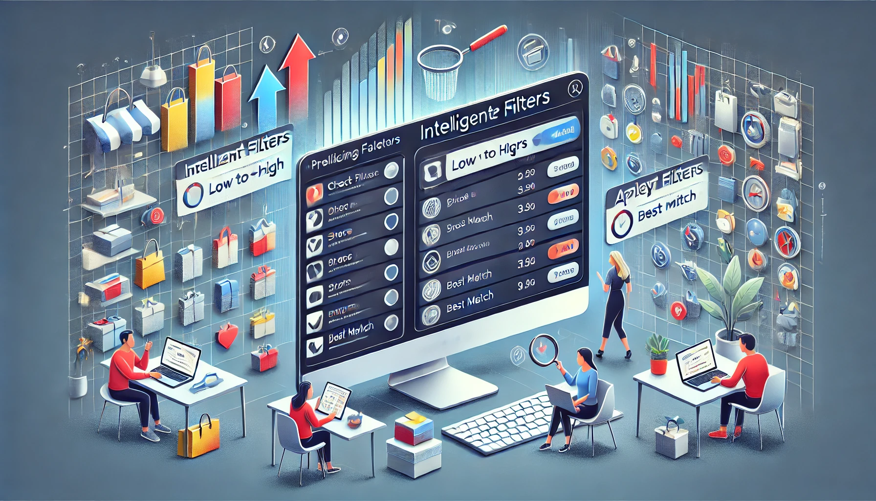 Grafika ilustrująca inteligentne filtry wyszukiwania. Centralnie widoczny duży ekran komputera z listą produktów, funkcjami sortowania i filtrami, takimi jak 'Low to High' oraz 'Best Match'. Po bokach znajdują się różne ikony, torby zakupowe i wykresy. W dolnej części osoby przy biurkach pracują przy laptopach, a jedna z nich używa lupy do analizy danych.
