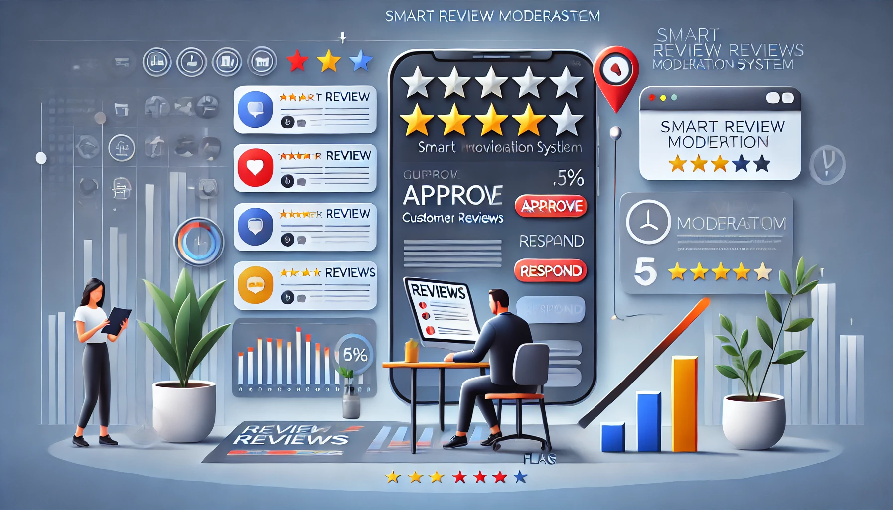 Grafika przedstawiająca system moderacji recenzji. Na środku widoczny ekran z recenzjami ocenianymi gwiazdkami i przyciskami 'Approve' oraz 'Respond'. Po lewej stronie lista recenzji z ikonami emocji i ocenami. W dolnej części znajdują się wykresy i osoby analizujące dane, a w tle elementy wizualne, takie jak wykresy i ikony związane z moderacją.