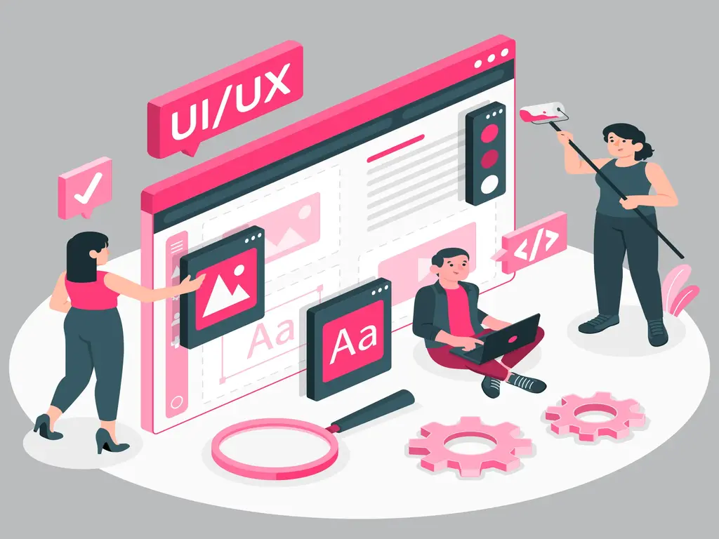 Ilustracja przedstawiająca zespół osób pracujących nad projektem UI/UX, z elementami projektu graficznego, narzędziami i ikonami.