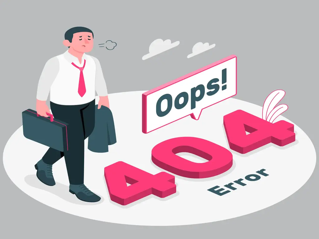 Ilustracja przedstawiająca zmęczonego mężczyznę z teczką, stojącego obok napisu '404 Error' i dymka z napisem 'Oops!', symbolizującego stronę błędu.