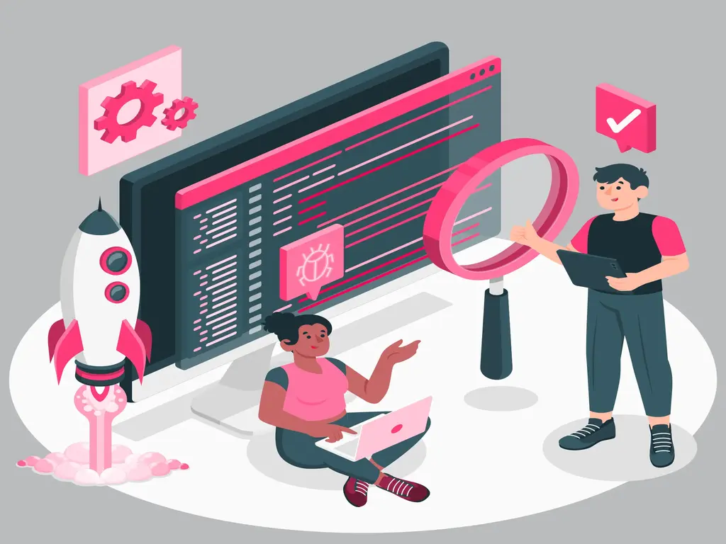 Grafika symbolizująca SEO, przedstawiająca narzędzia optymalizacji, analizę za pomocą lupy, rakietę symbolizującą przyspieszenie oraz zębate koła obrazujące techniczną optymalizację strony internetowej.
