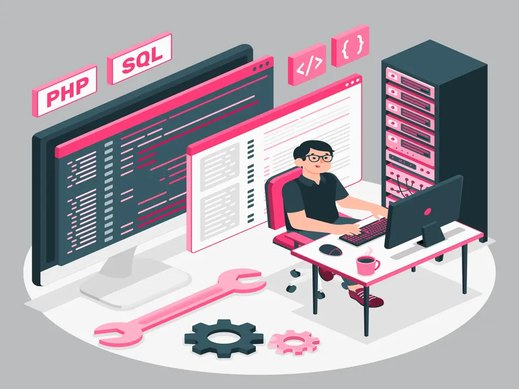 Grafika przedstawiająca programistę pracującego przy komputerze, otoczonego ekranami z kodem, serwerami i ikonami symbolizującymi PHP, SQL oraz narzędzia programistyczne.