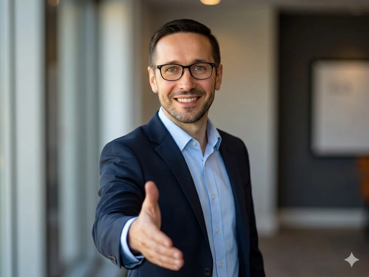 SmartWebDev - gotowość do współpracy. Mężczyzna wyciąga rękę na tle nowoczesnego biura.