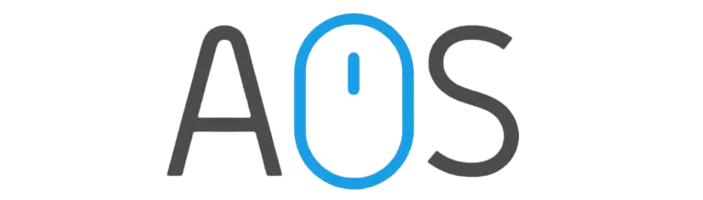 Logo z napisem 'AOS', gdzie litera 'O' jest stylizowana na ikonę myszy w niebieskim kolorze.