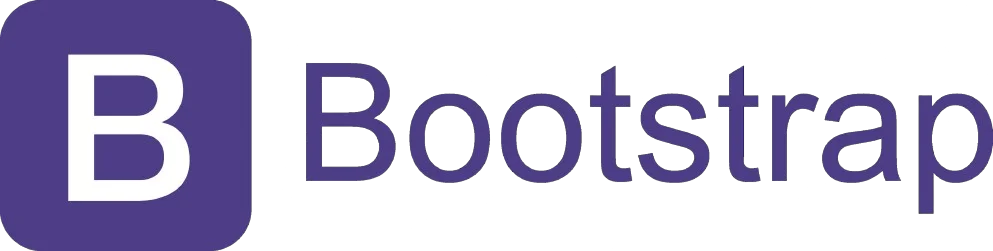 Logo Bootstrap z dużą literą 'B' w białym kolorze na fioletowym tle, obok napis 'Bootstrap' w fioletowej czcionce.