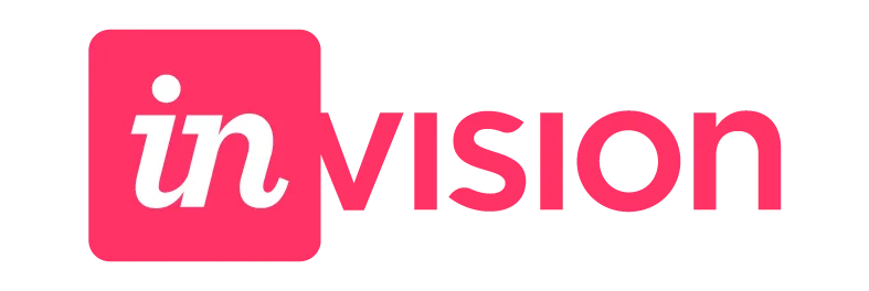 Logo InVision z napisem 'in' w białej stylizowanej czcionce na różowym tle oraz napisem 'Vision' w różowej czcionce obok.