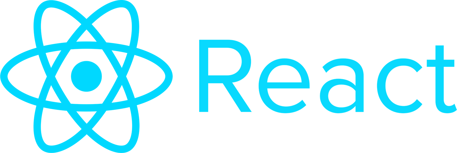 Logo React przedstawiające niebieski atom z okręgami wokół centralnego punktu, obok napis 'React' w niebieskiej czcionce.