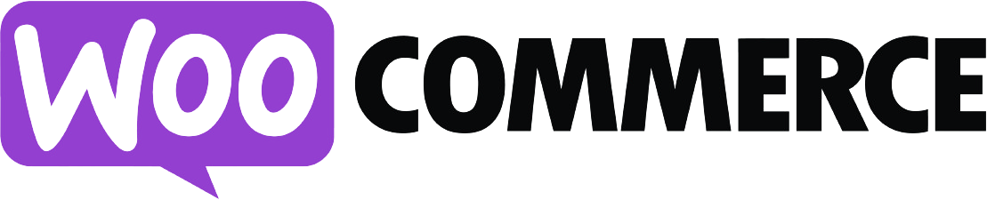 Logo WooCommerce z napisem 'WOO' w szarej czcionce na fioletowym tle w kształcie dymka oraz napisem 'COMMERCE' w czarnej czcionce obok.