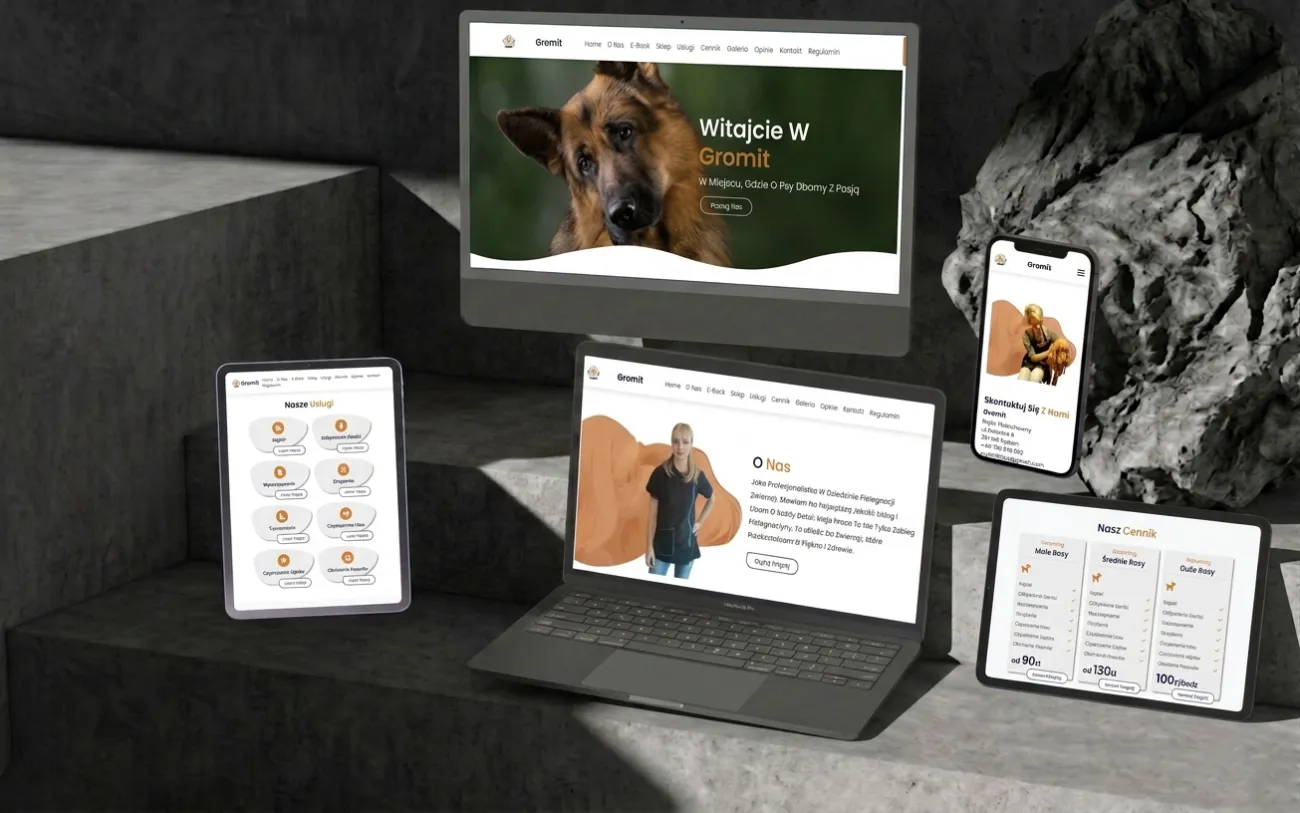 Mockup strony internetowej Gromit - salon pielęgnacji psów